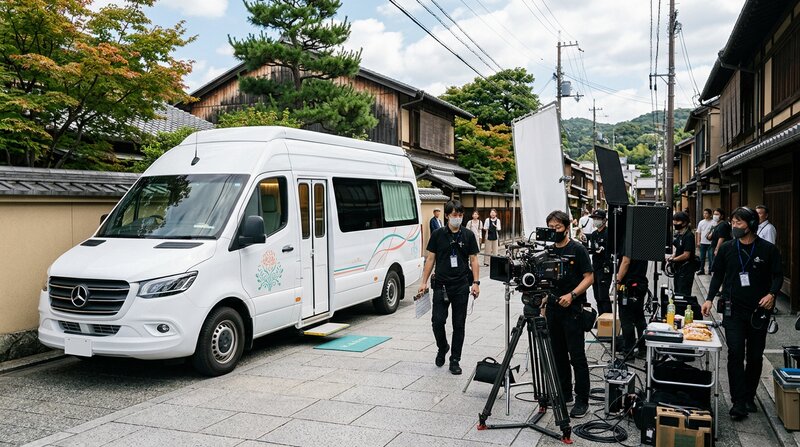 ロケ現場でデリラクの出張車両が施術するシーン